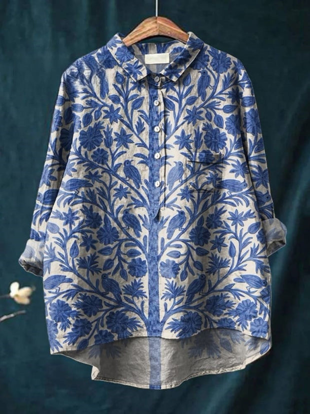 Women's Indian Art Floral Vintage Print Casual Cotton And Linen Shirt