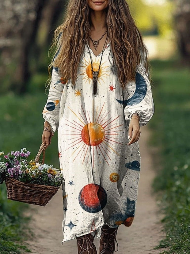 Women's Sun Planet Moon Pattern Art Print Pocket Cotton V Neck Long Sleeve Dress