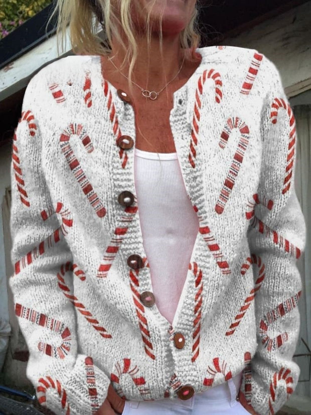 Festive Candy Cane Decorative Pattern Buttoned Cardigan Sweater