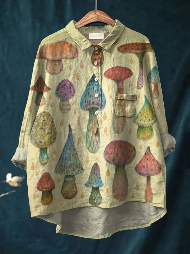 Women's Sewant Mushrooms Art Print Casual Cotton And Linen Shirt