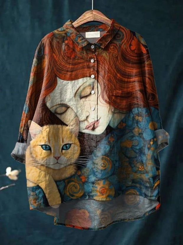 Women's Vintage Art Lady Cat Illustration Printed Casual Cotton and Linen Shirt