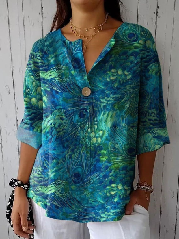 Women's Peacock Feather Print Casual Cotton Linen Shirt