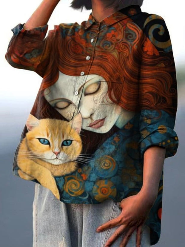 Women's Vintage Art Lady Cat Illustration Printed Casual Cotton and Linen Shirt