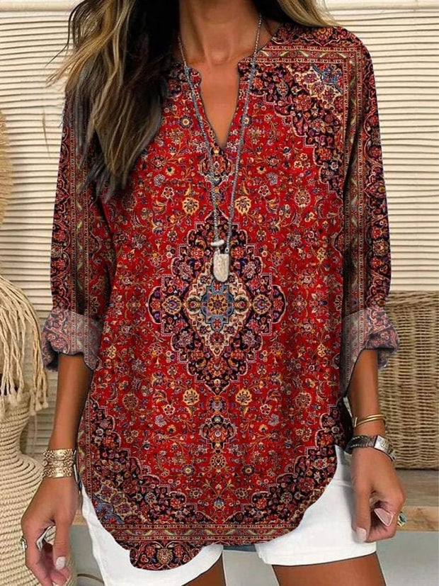 Women's Vintage Art Print Casual Linen V-neck Shirt