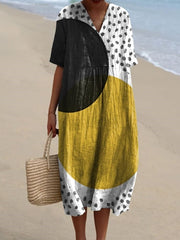 Women's Mustard and Black Art Print Flowy Dress