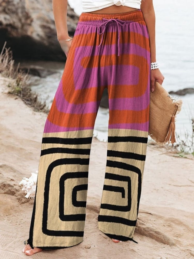 Women's Color-blocked Abstract Graphics Printed Cotton And Linen Casual Pants