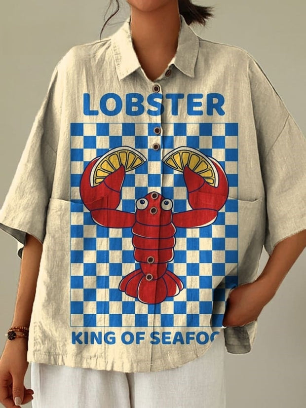 Women's Vintage Lovely Lobster Art Print Casual Cotton Linen Shirt