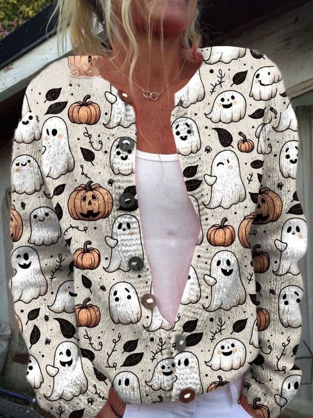 Funny Ghost Halloween Art Print Buttoned Cardigan Sweater