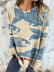 Women's Vintage Fish Sardines Art Print Button Back Casual Knitted Shirt