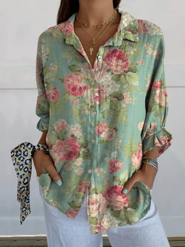 Women's Vintage Elegant Floral Art Print Casual Linen V-neck Shirt