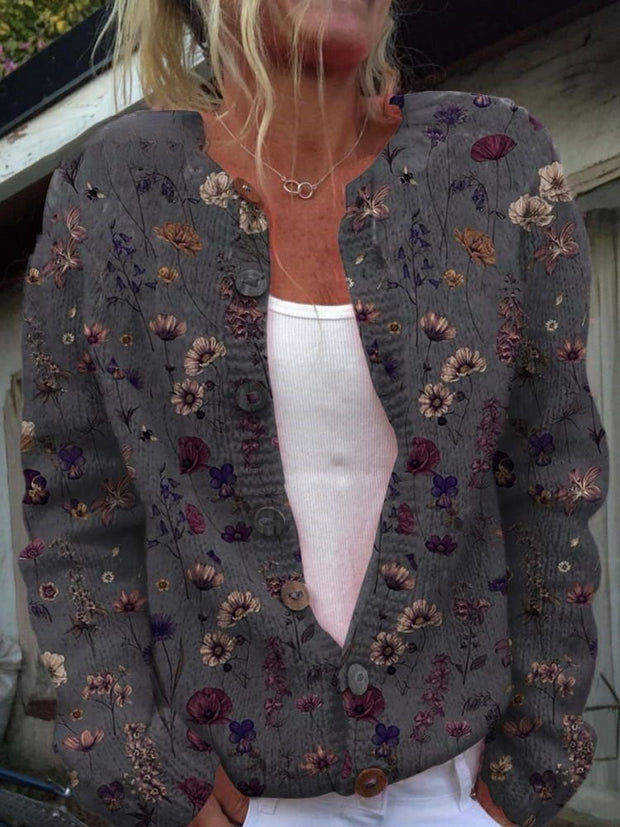 Floral Art Print Buttoned Cardigan Sweater