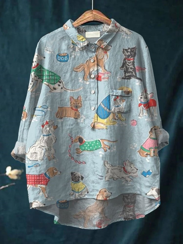 Dachshund Print Casual Cotton And Linen Shirt