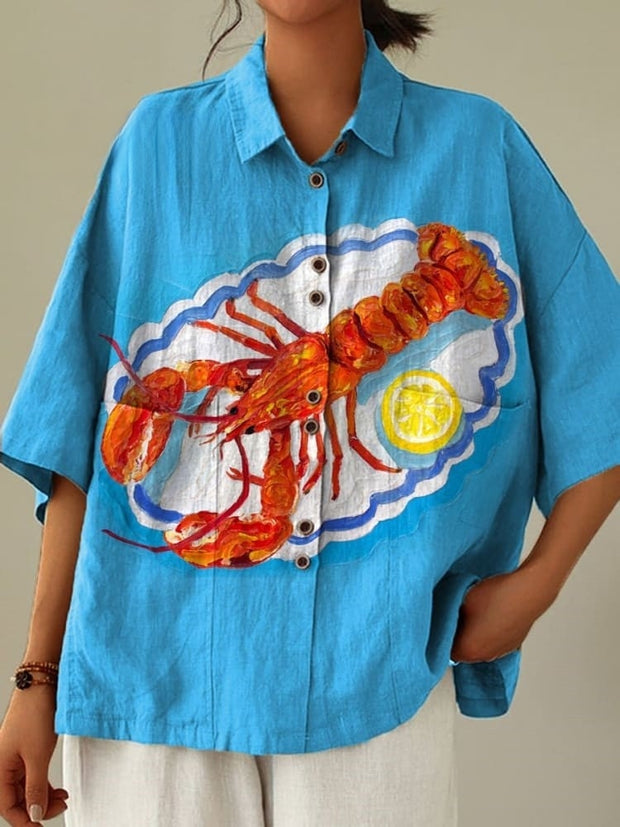 Women's Vintage Lovely Lobster Art Print Casual Cotton Linen Shirt