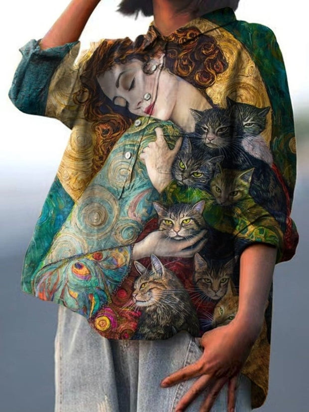 Women's Vintage Art Lady Cat Illustration Printed Casual Cotton and Linen Shirt