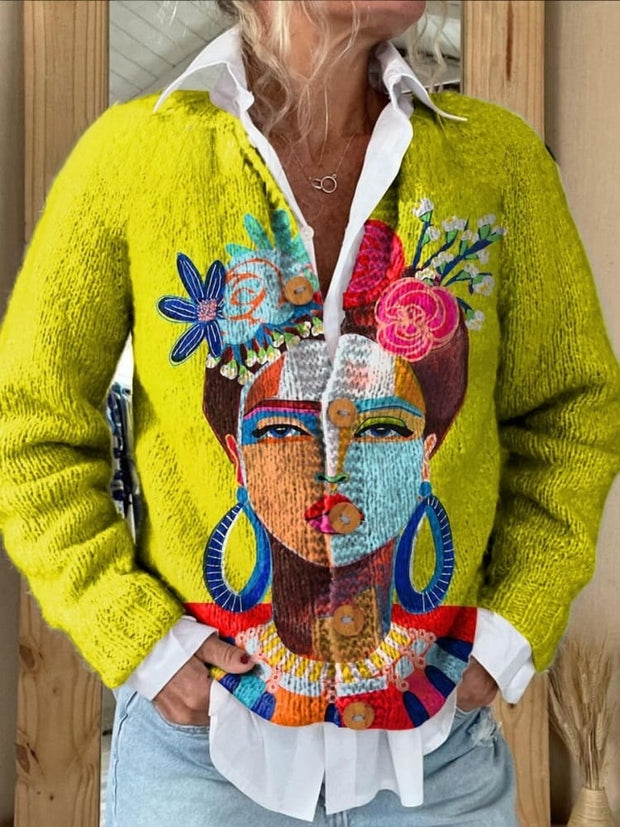 Oil Painting Freda Portrait Art Printed Buttoned Cardigan Sweater