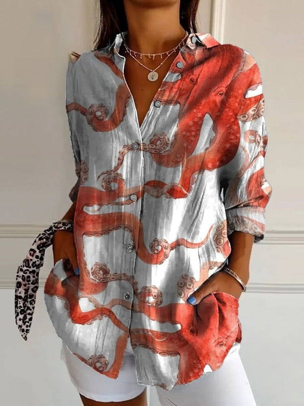 Women's Vintage Red Octopus Art Print Casual Cotton Shirt