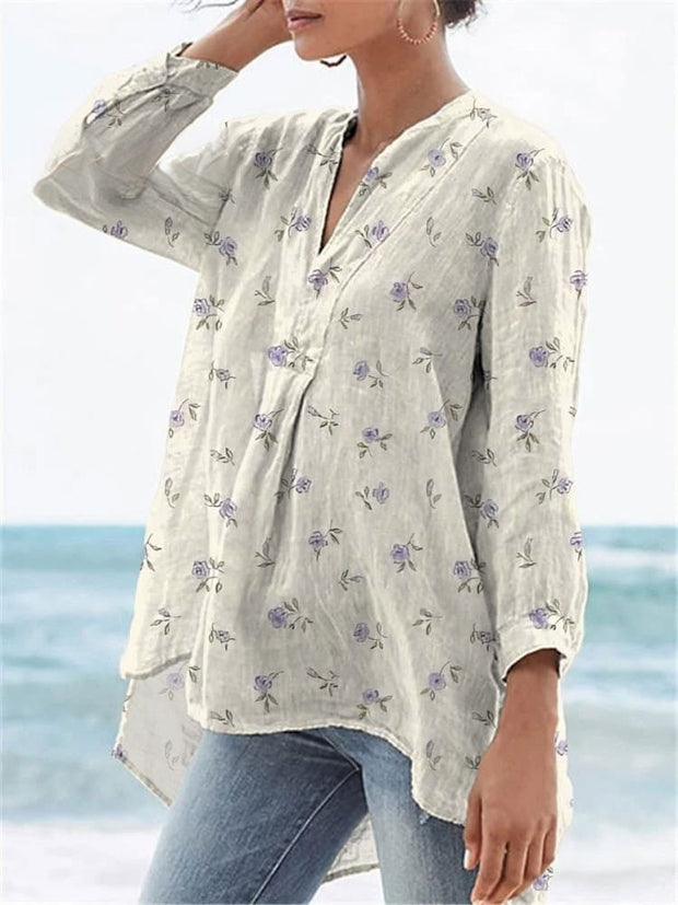 Sweet Petite Blue Floral Pattern Printed Women's Casual Linen V-neck Shirt