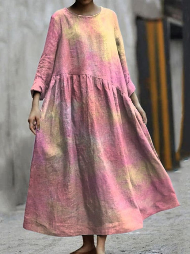 Pink and Yellow Gradient Decorative Pattern Pocket Cotton Dress