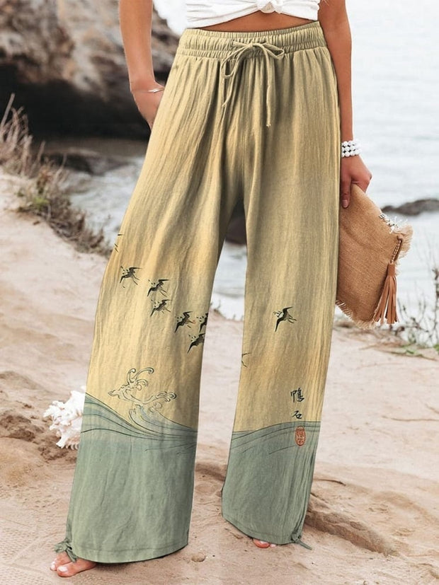 Women's Retro Waves Seabirds Japanese Art Graphic Printed Cotton And Linen Casual Pants