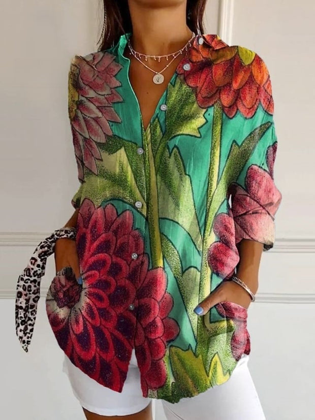 Women's Vintage Colorful Floral Print Casual Cotton Shirt