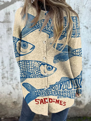 Women's Vintage Fish Sardines Art Print Button Back Casual Knitted Shirt