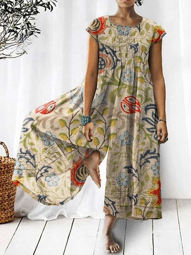 Women's Vintage Lovely Floral Art Print Casual Denim Jumpsuit