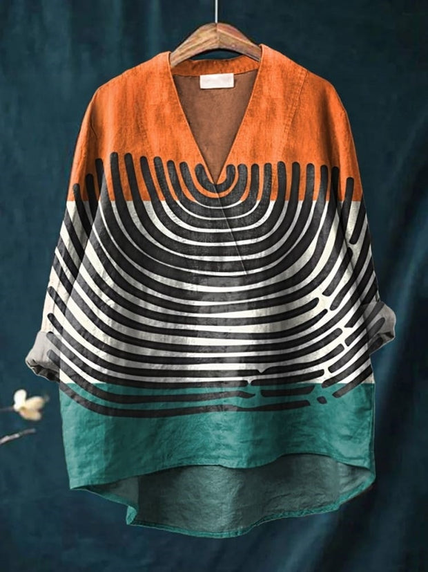 Women's Abstract Orange and Green Color-blocking Print Casual Cotton And Linen V-neck Shirt