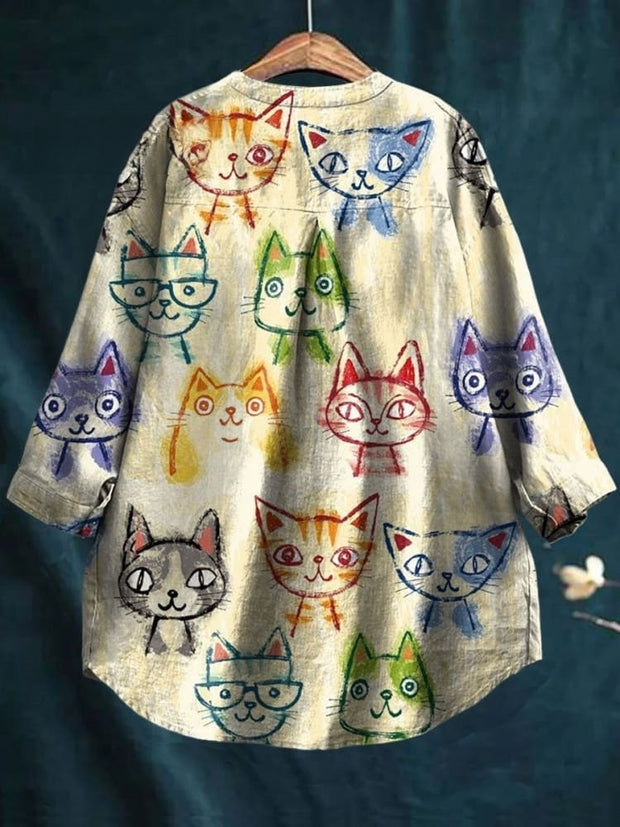 Women's Cute Cat Print Casual Cotton And Linen Shirt