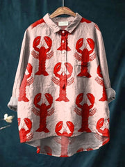 Decorative Pattern of Red Lobsters Arranged On Pink Background Casual Cotton And Linen Shirt