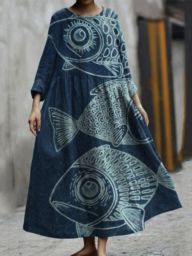 Line Drawing Fish Decorative Pattern Pocket Cotton Dress