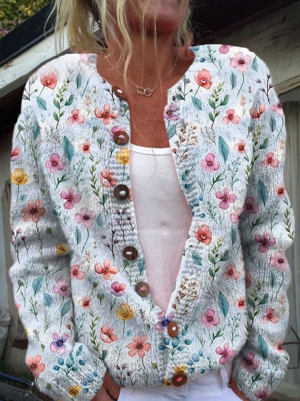 Vintage Flower Art Print Buttoned Cardigan Sweater