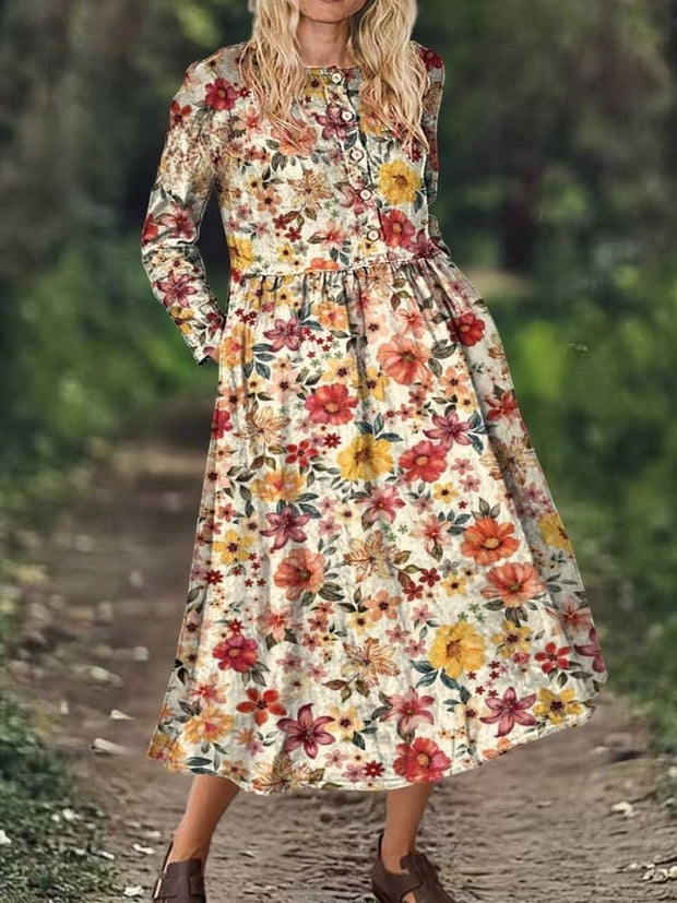 Women's Vintage Floral Long Sleeve Pocket Cotton Dress