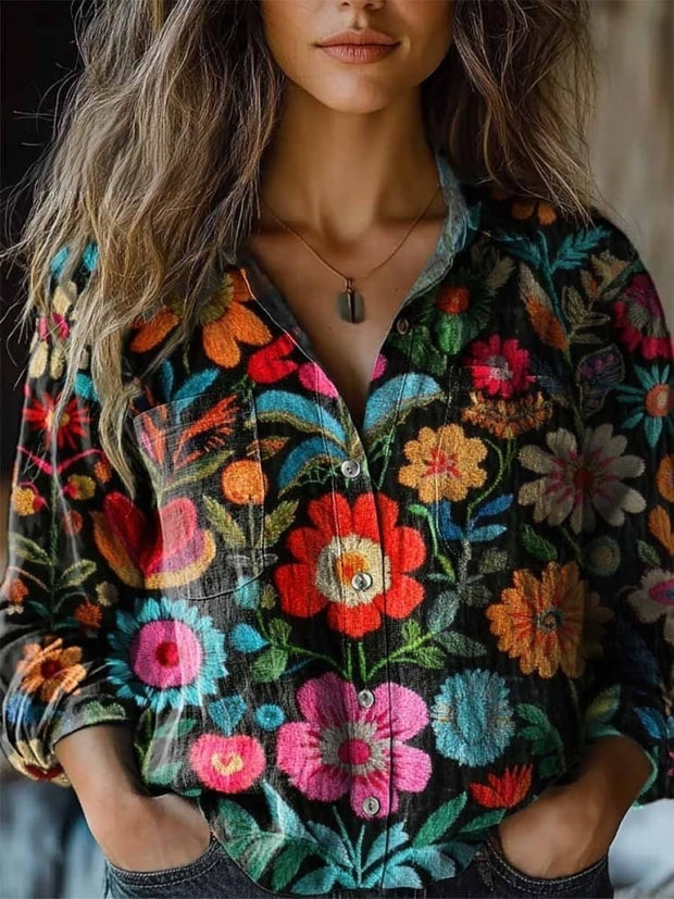 Women's Colorful Floral Print Long Sleeve Comfortable Cotton Shirt