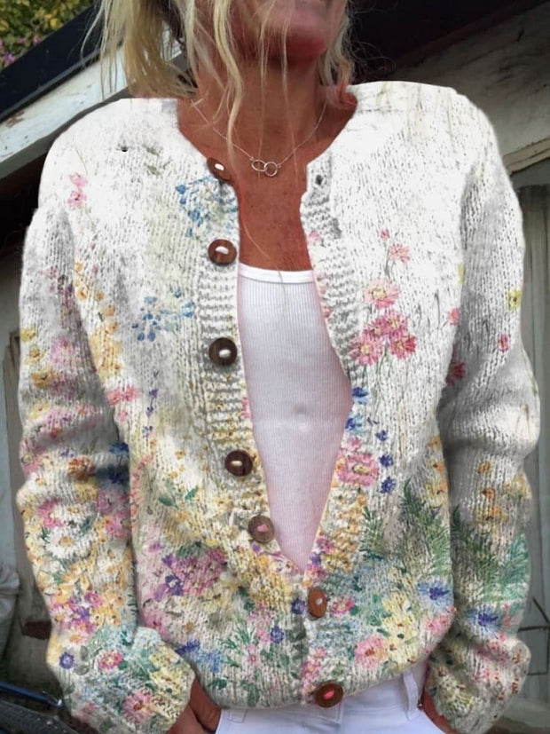 Watercolor French Rose Repeat Pattern Print Buttoned Cardigan Sweater