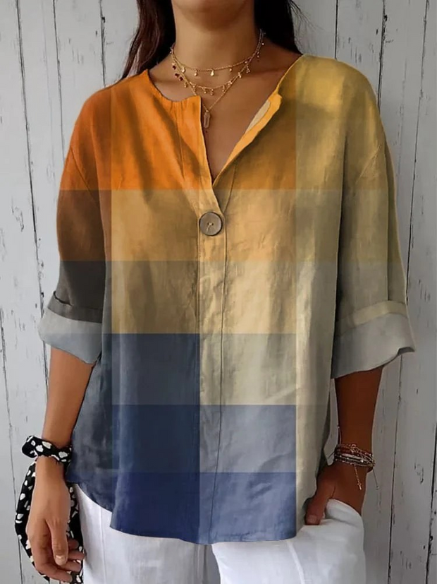 Women's Blue Yellow Gradient Mosaic Abstract Art Casual Cotton Linen Shirt