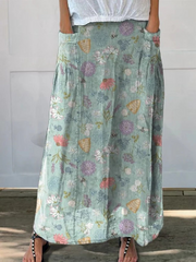 Blooming Spring Floral And Bumble Bee Pattern Printed Women's Linen Pocket Skirt