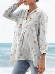 Petite Spring Floral Pattern Printed Women's Casual Linen V-neck Shirt