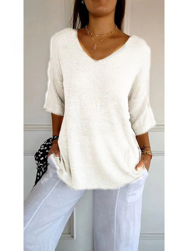 Women's Solid Color Knitted 3/4 Sleeve V-neck Top