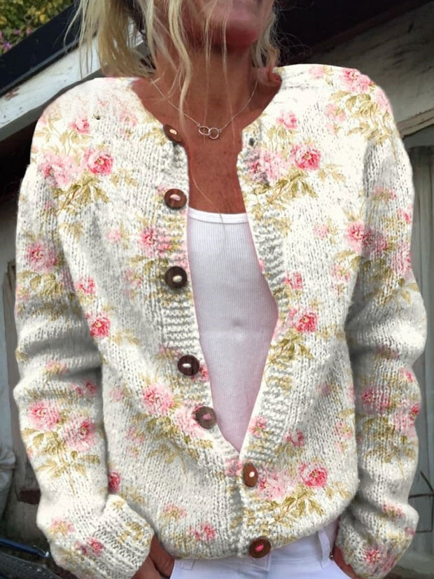 Fresh Pink Flowers and Green Leaves Print Buttoned Cardigan Sweater