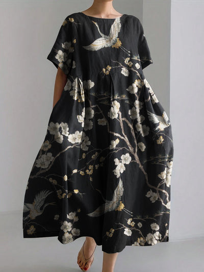 Crane And Cherry Blossom Print Linen Dress