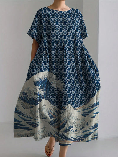 Japanese Abstract Wave Print Linen Dress