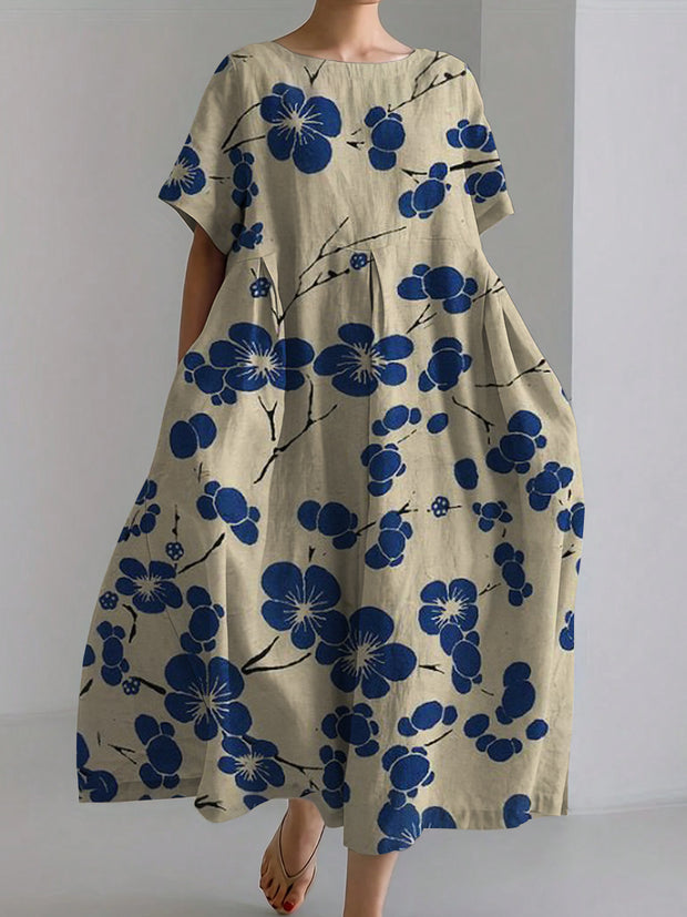 Vintage Floral Print Linen Dress