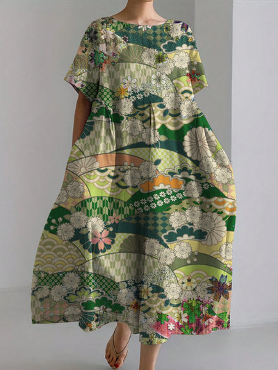 Vintage Japanese Floral Print Linen Dress