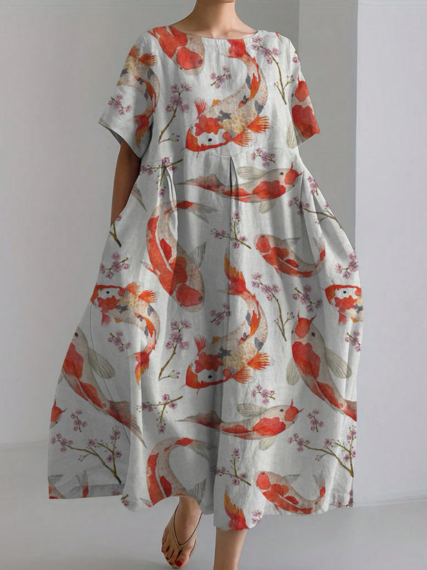 Japanese Style Goldfish Peach Print Linen Dress