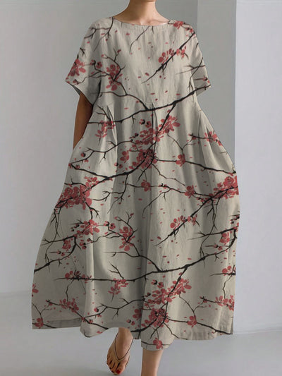 Japanese Cherry Blossom Floral Print Linen Dress