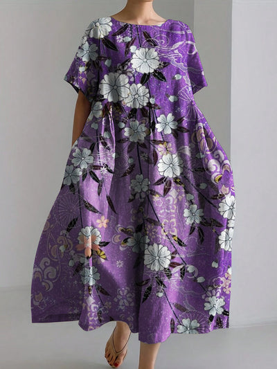 Vintage Floral Print Linen Dress