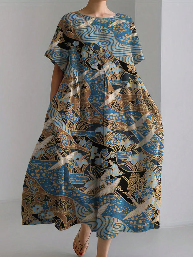 Japanese Crane Floral Print Linen Dress
