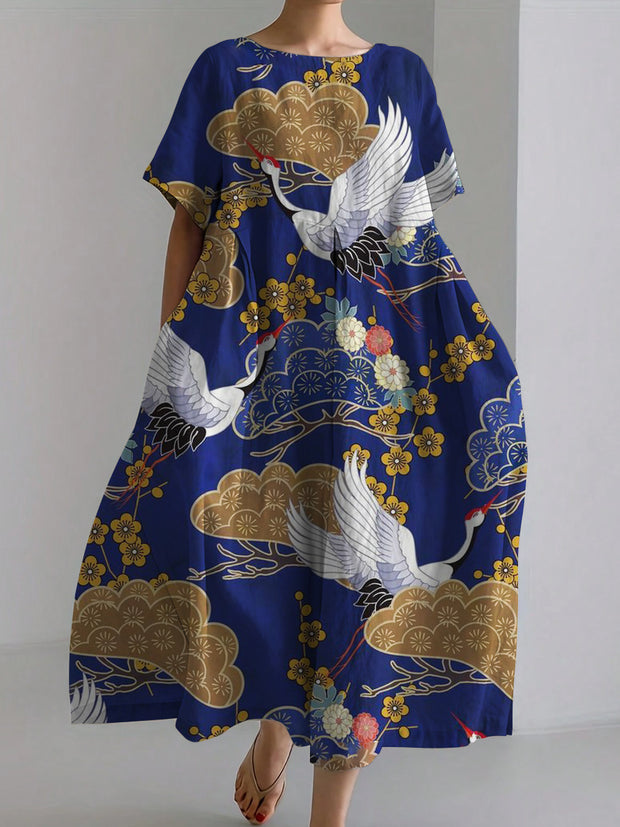 Crane Floral-Print Linen Dress
