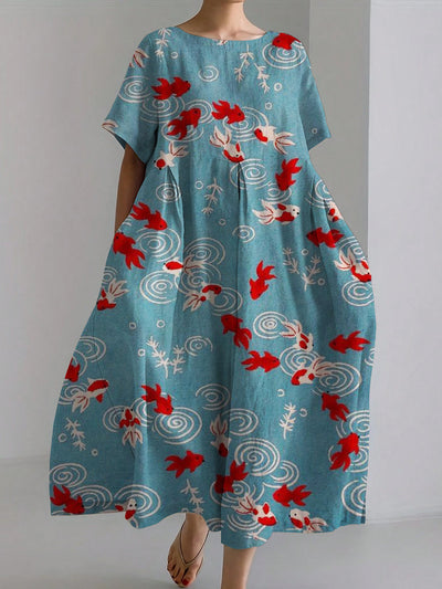 Goldfish Abstract Print Linen Maxi Dress