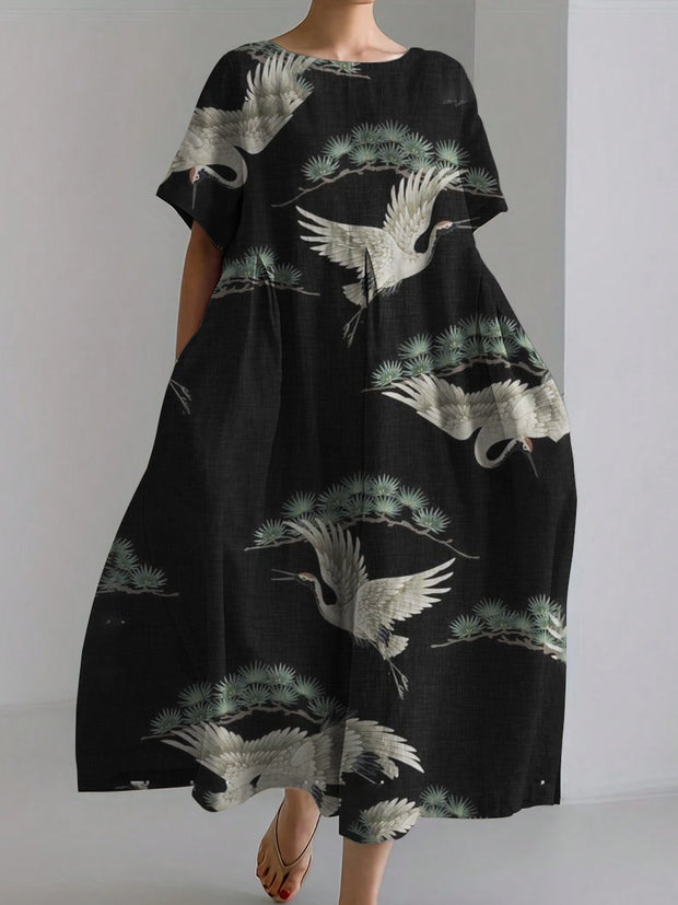 Crane And Tree Japanese Style Print Linen Maxi Dress
